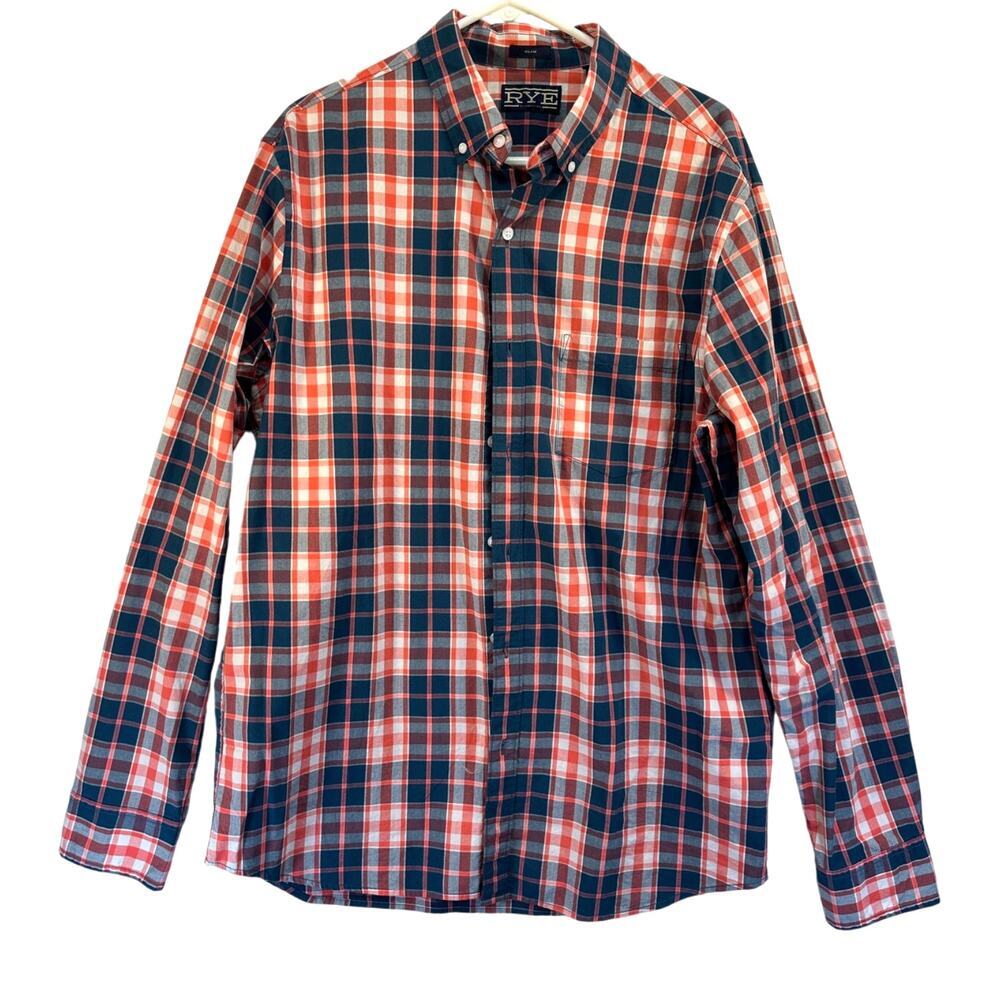 Rye by Hawker Rye Men Button Up Plaid Shirt Slim Fit Green Coral 100% Cotton EUC